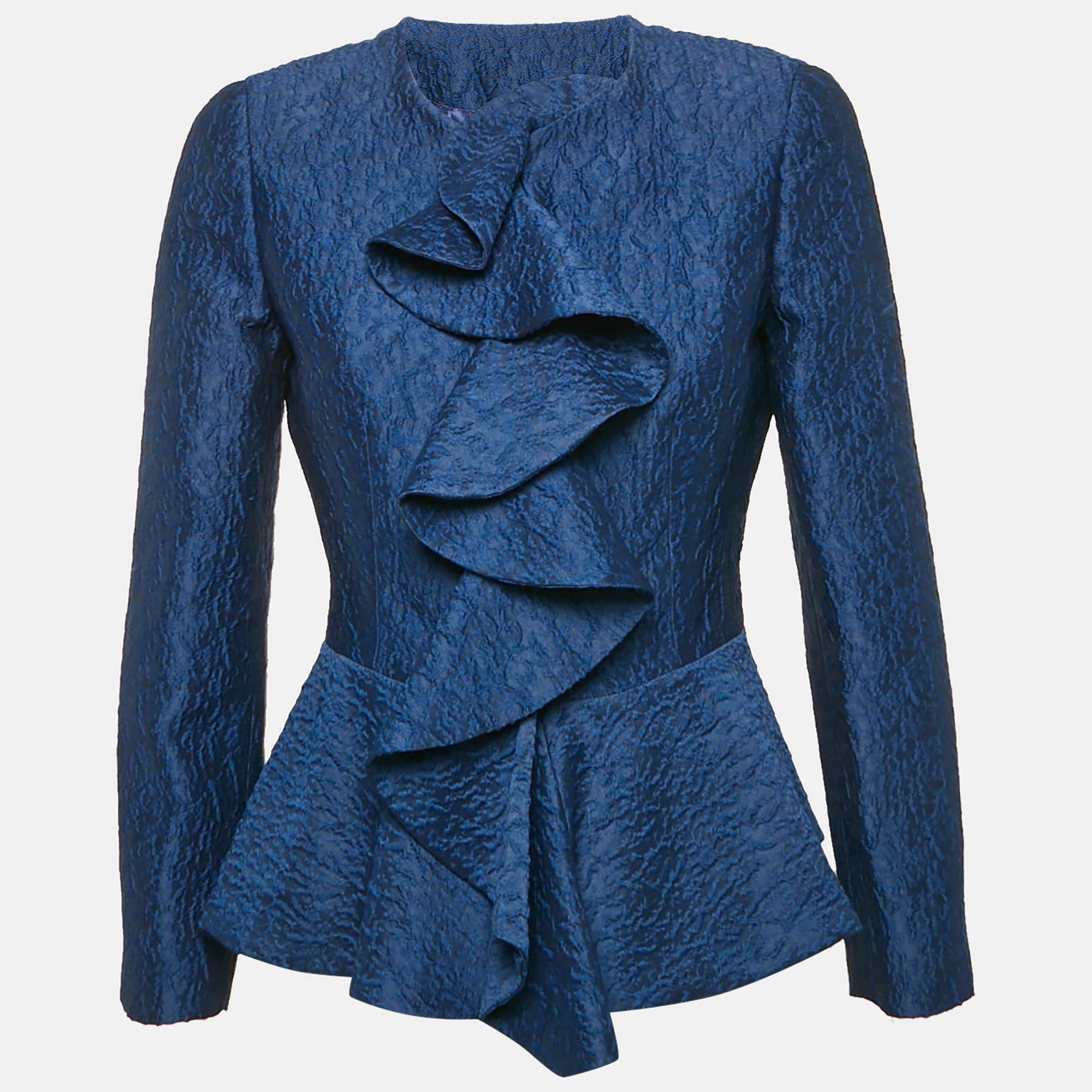 

CH Carolina Herrera Navy Blue Jacquard Ruffled Jacket M