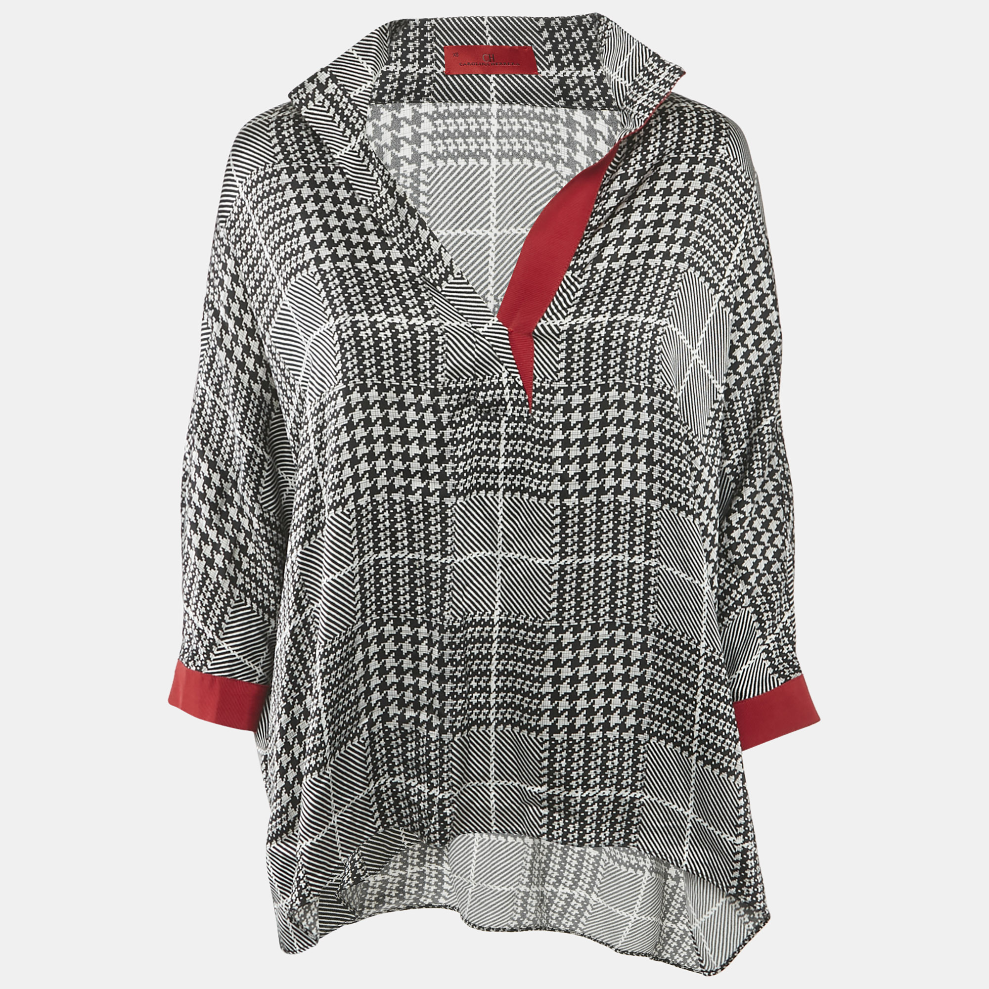 Pre-owned Ch Carolina Herrera Black Houndstooth Print Satin Loose Fit Blouse Xs