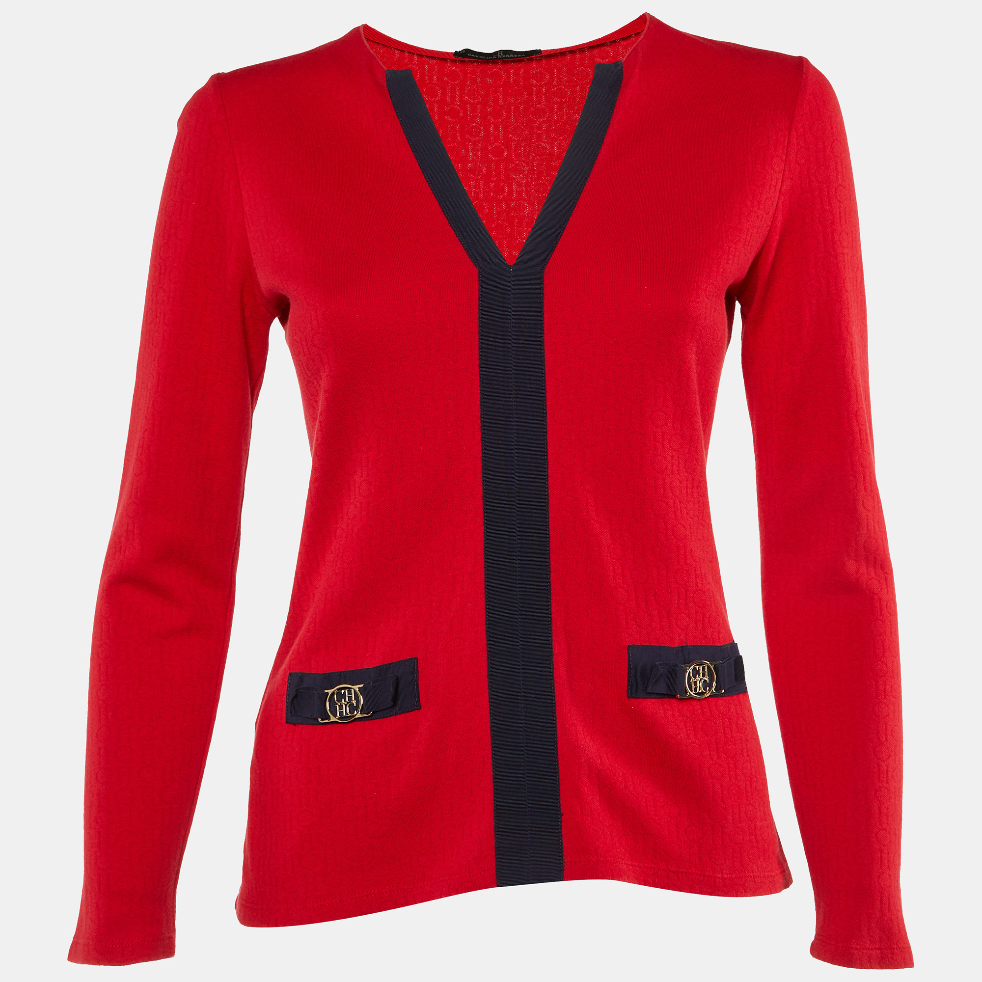 

CH Carolina Herrera Red CH Pattern Cotton V-Neck Top XS