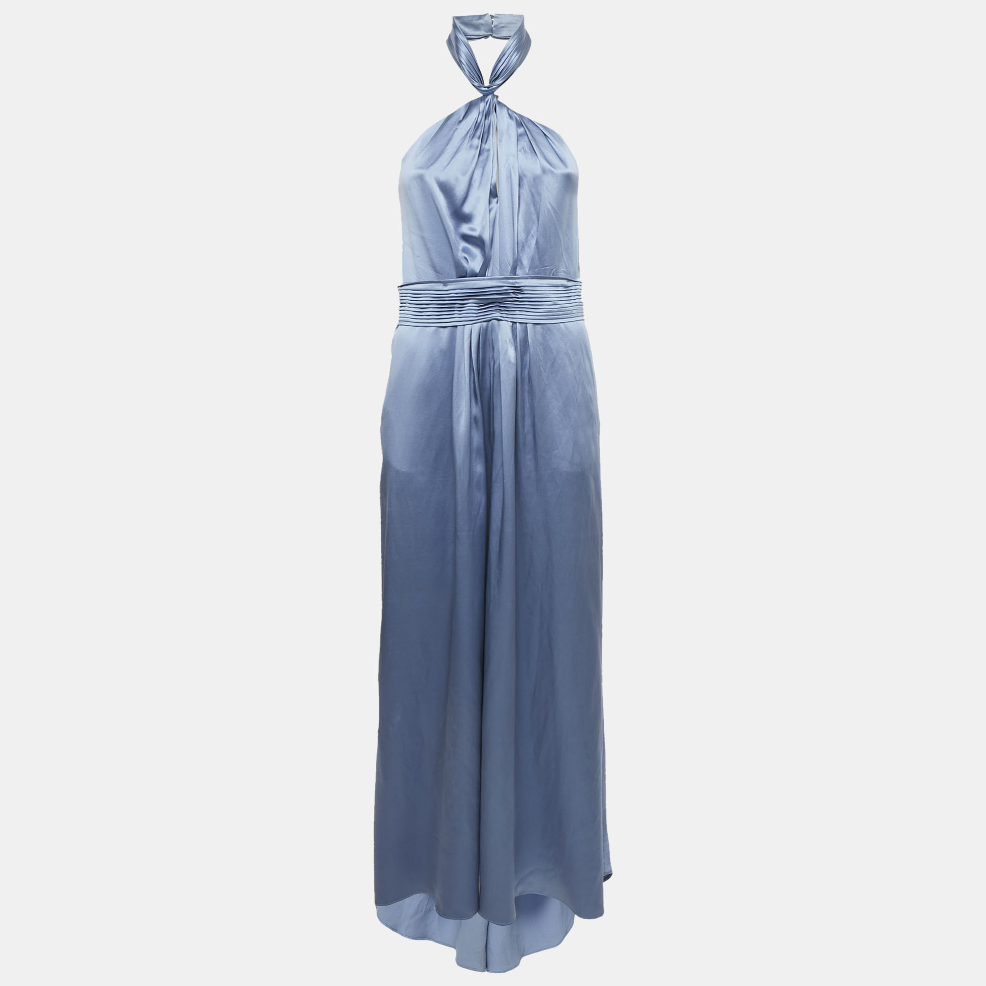 CH Carolina Herrera Blue Silk Halter Neck Pleated Maxi Dress M