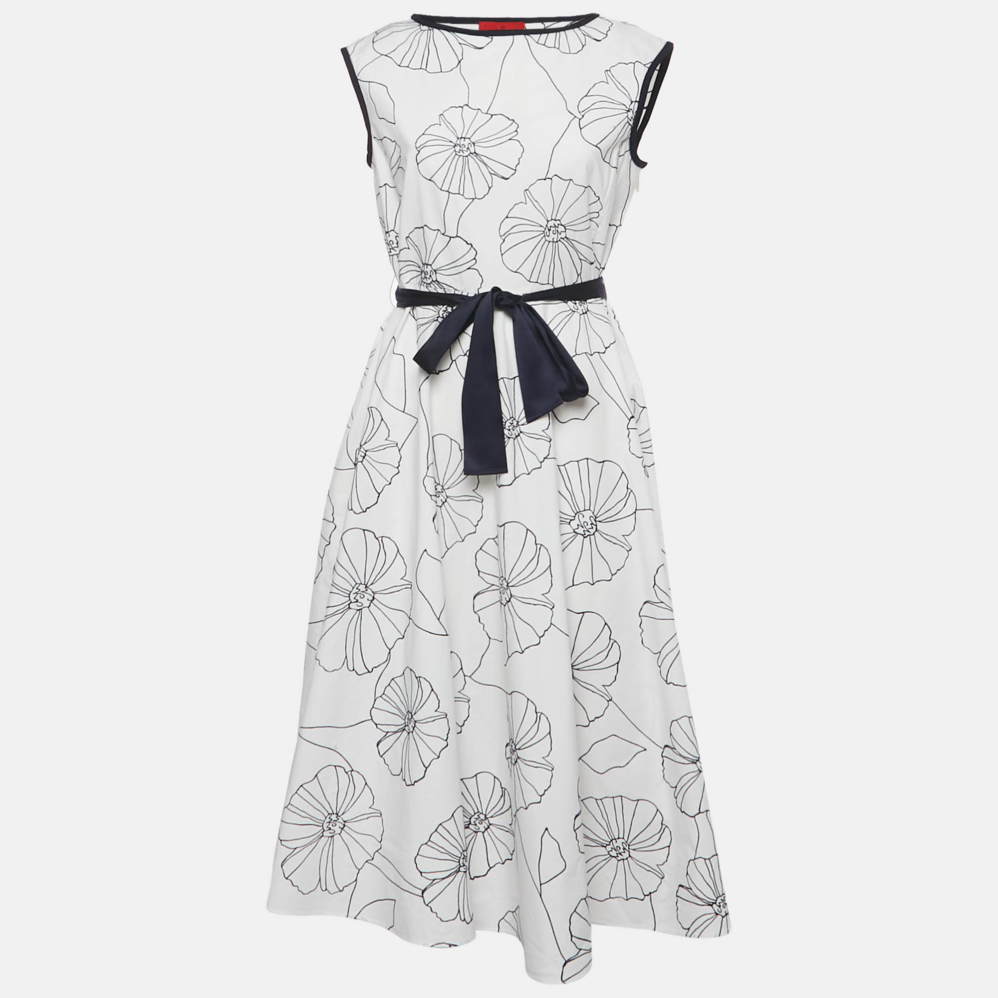 

CH Carolina Herrera White Floral Embroidered Cotton Belted Midi Dress M