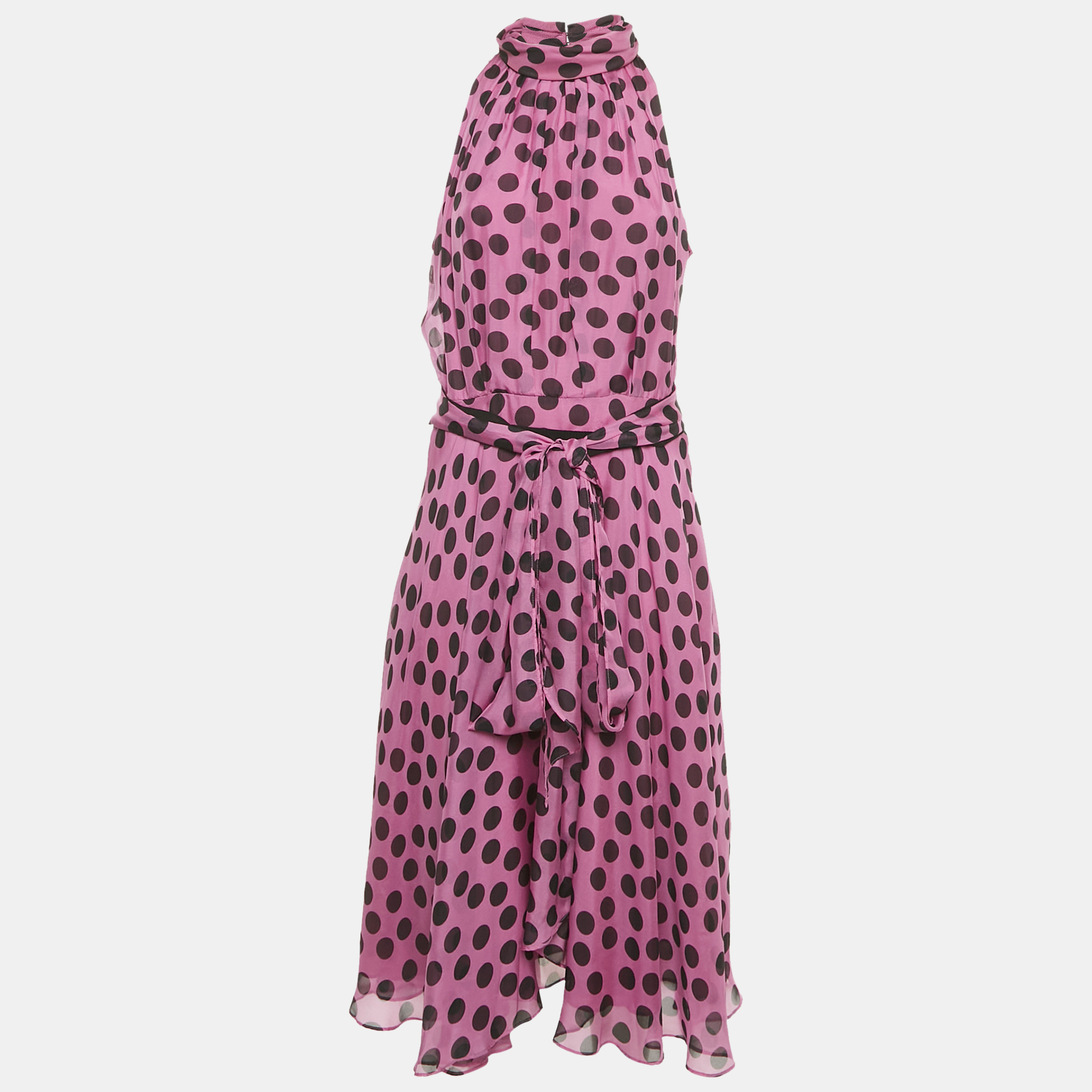 Pre-owned Ch Carolina Herrera Purple Polka Dots Silk Tiered Midi Dress L