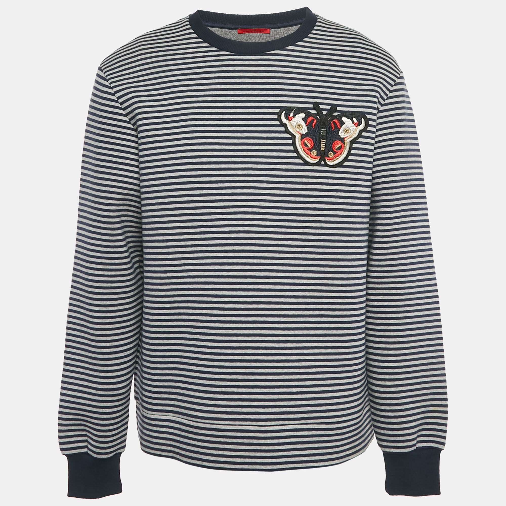 Pre-owned Ch Carolina Herrera Blue/grey Striped Neoprene Butterfly Applique Sweatshirt L