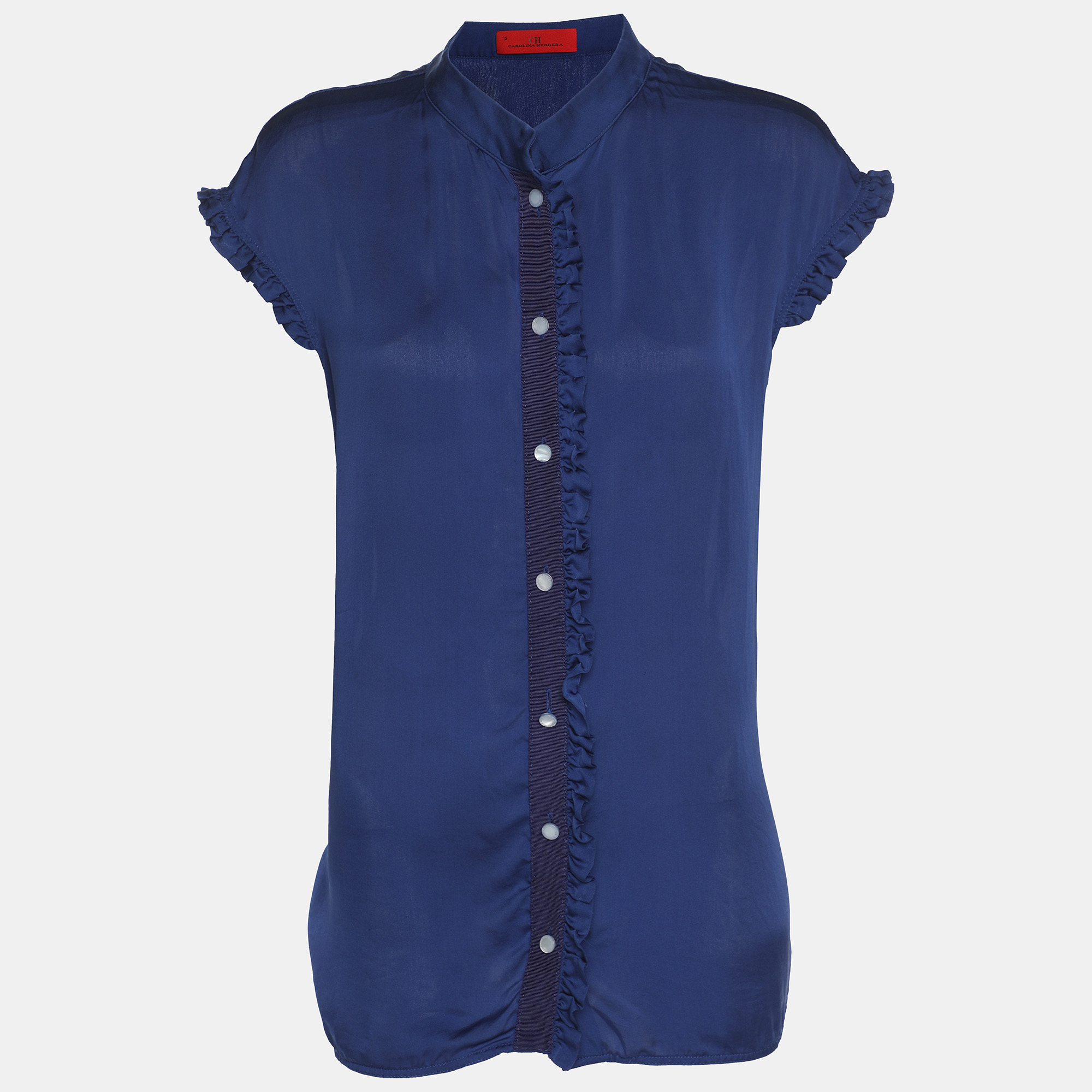 Pre-owned Ch Carolina Herrera Blue Satin Ruffle Tops L