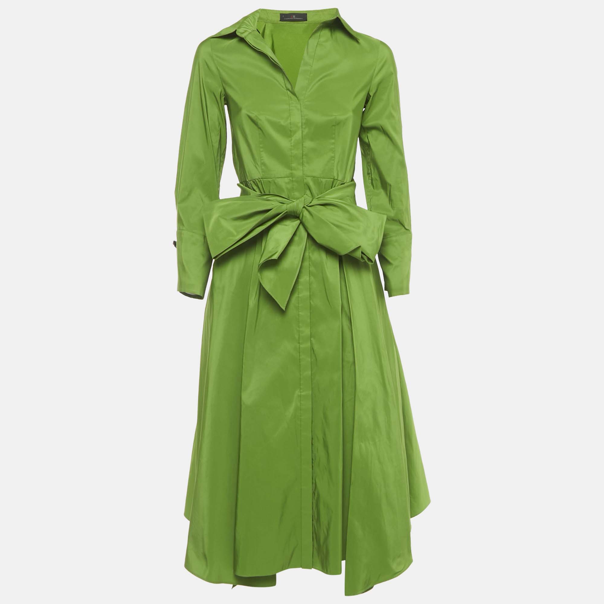 CH Carolina Herrera Green Taffeta Belted Midi Dress S