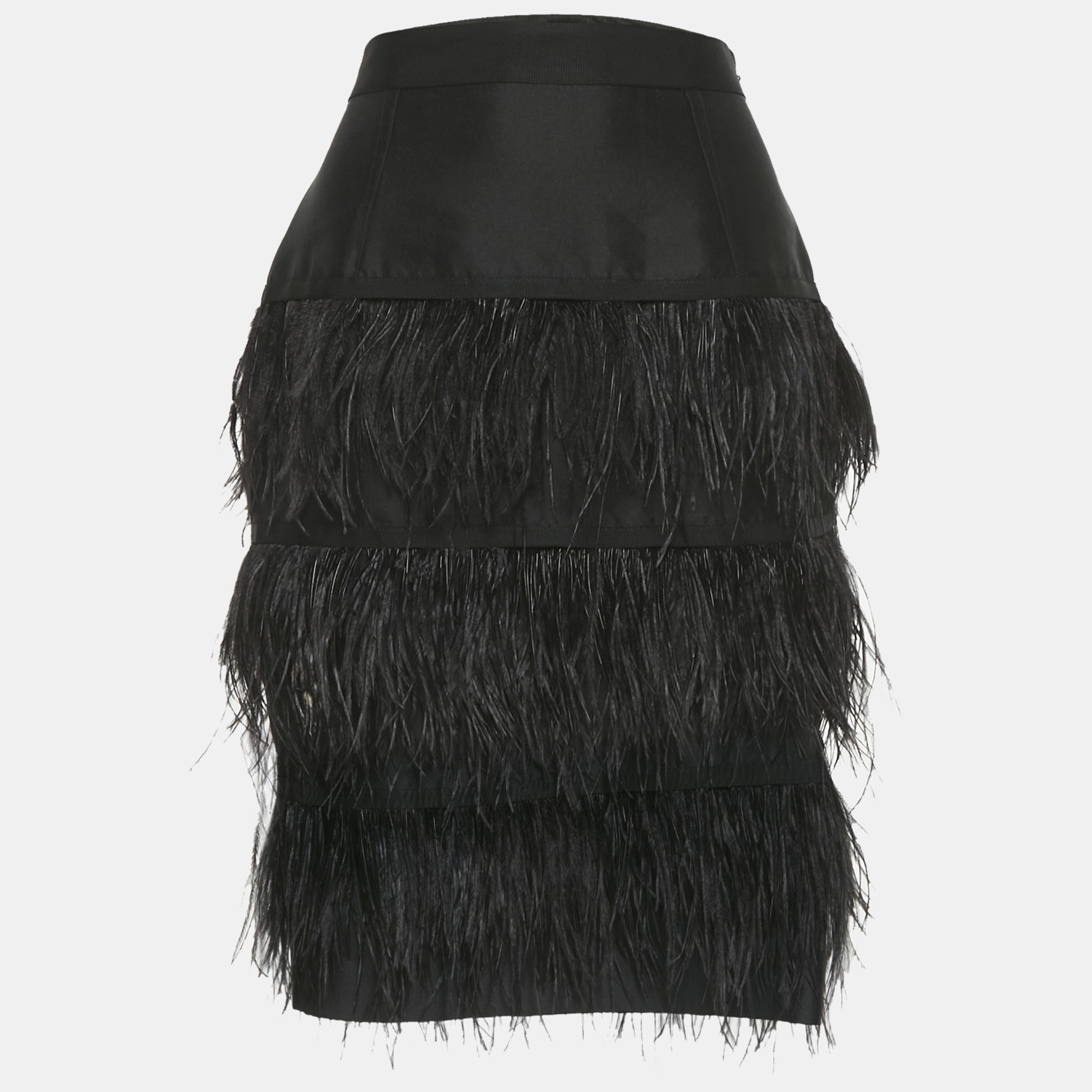 

CH Carolina Herrera Black Silk and Cotton Feather Detail Knee-Length Skirt S