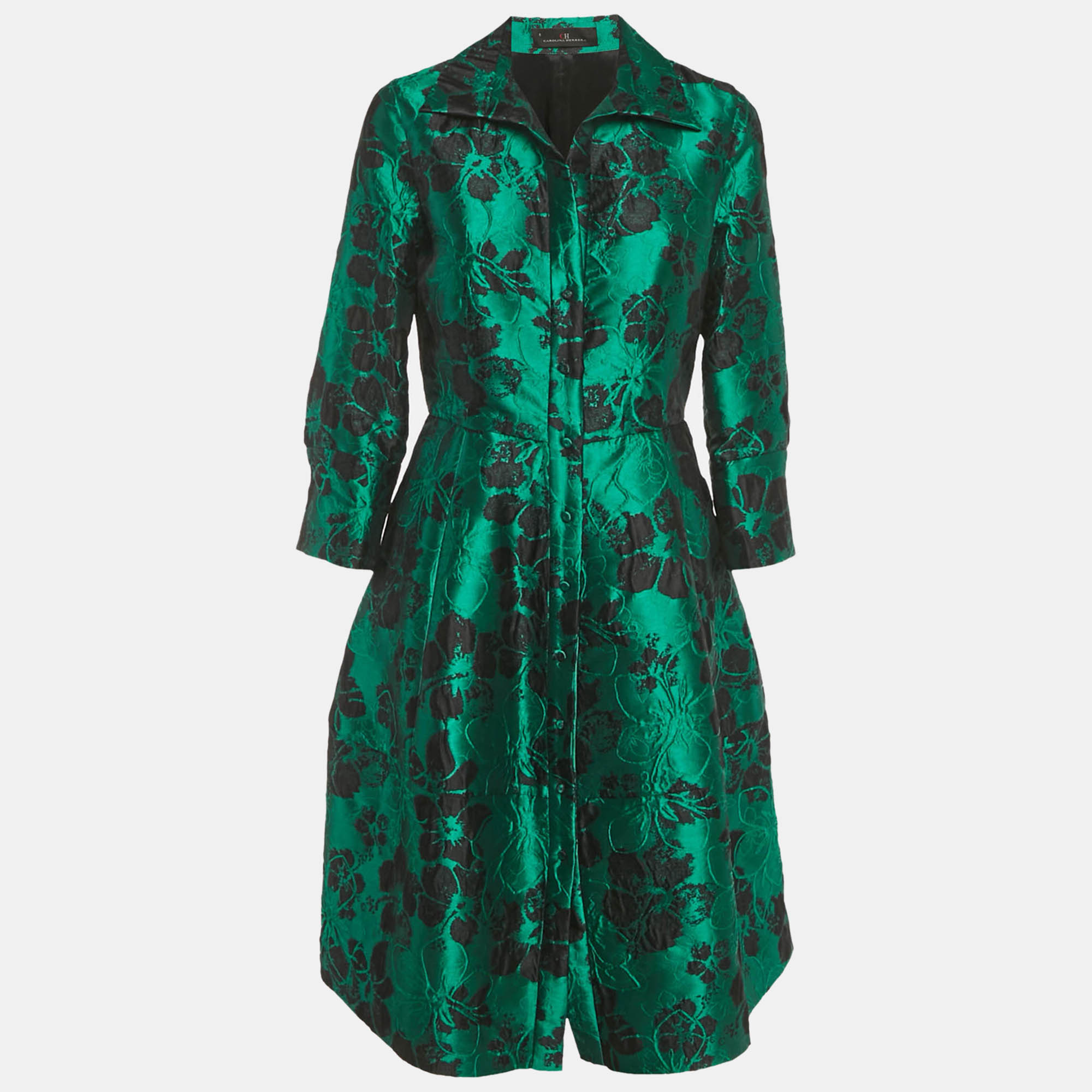 

CH Carolina Herrera Green Floral Jacquard Button Front Midi Dress M