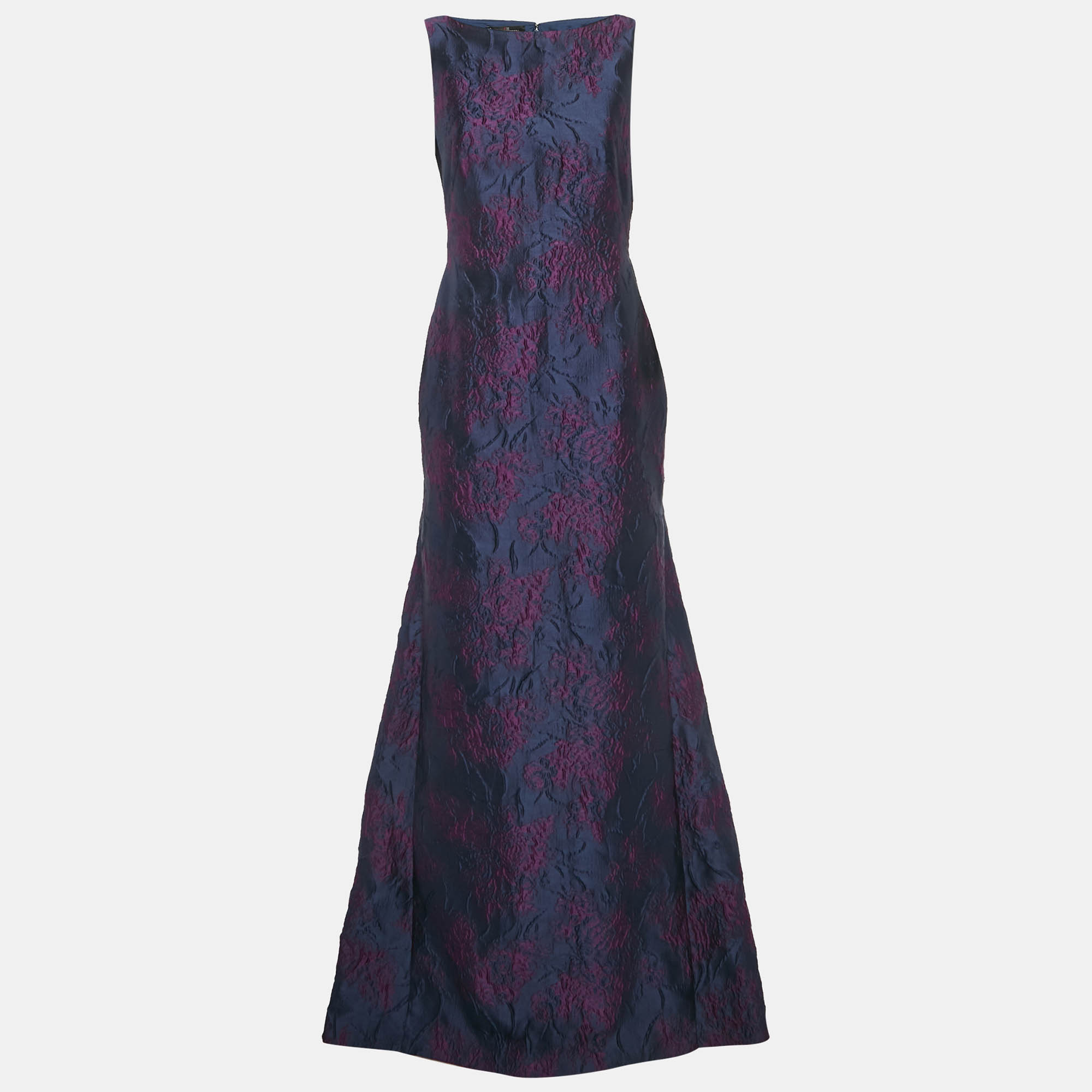 Pre-owned Ch Carolina Herrera Navy Blue Rose Embossed Crepe Sleeveless Maxi Dress M