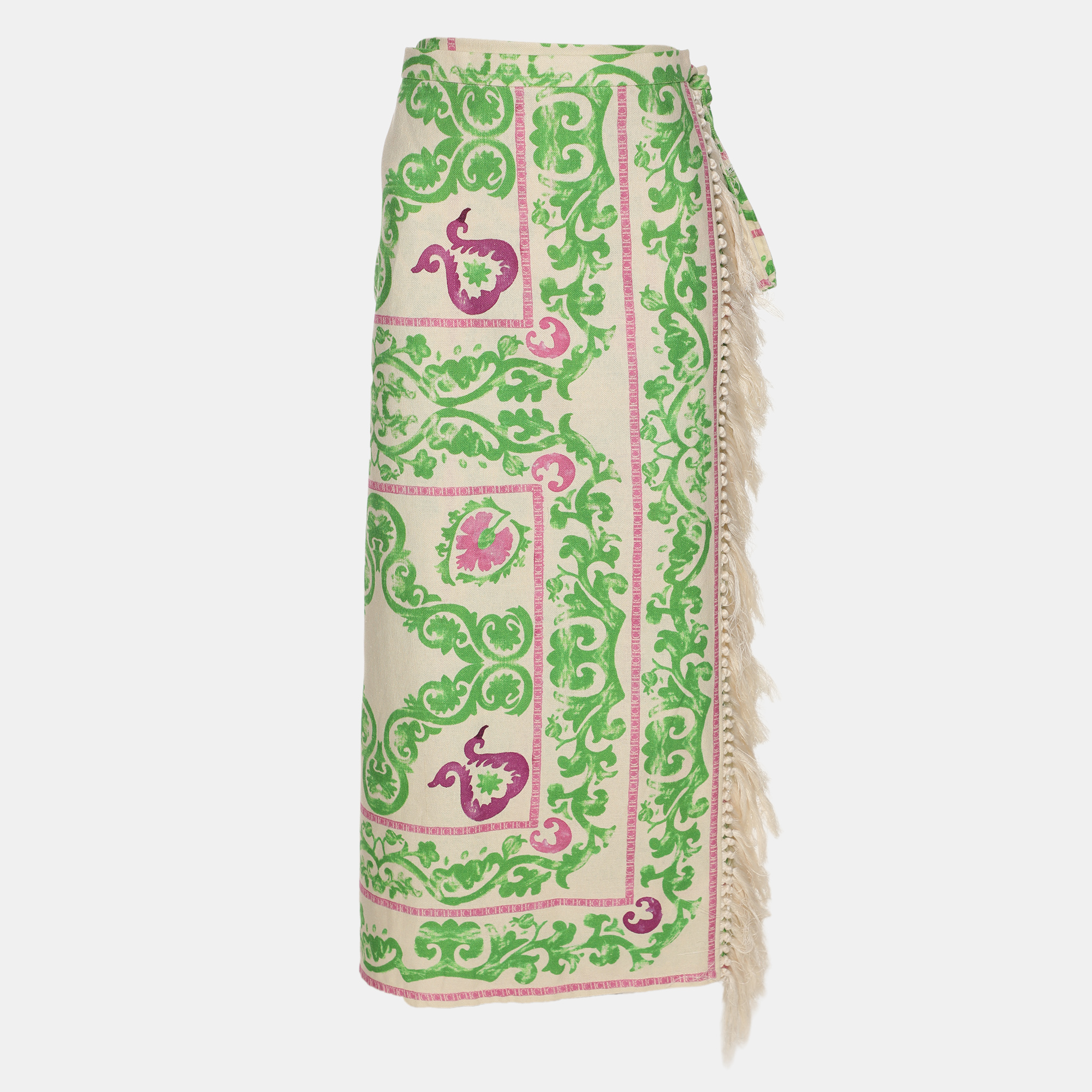 

CH Carolina Herrera Multicolor Printed Canvas Wrap Belted Midi Skirt S, Green