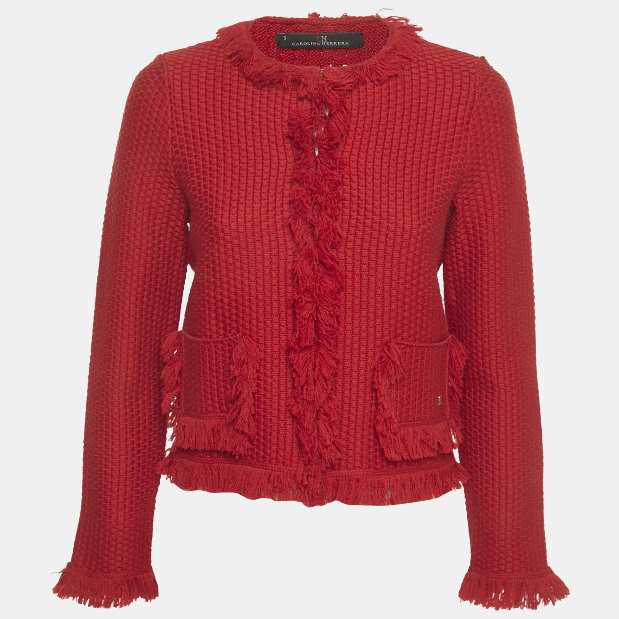 

CH Carolina Herrera Red Wool Blend Fringe Detail Cardigan S