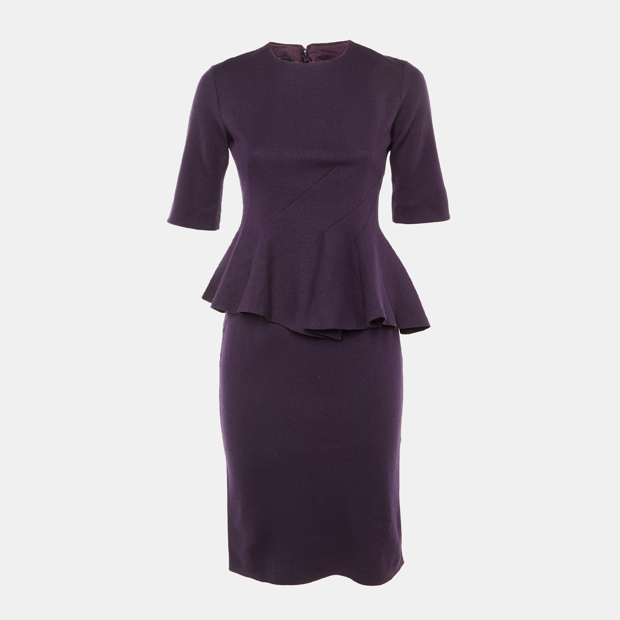 Pre-owned Ch Carolina Herrera Purple Wool Peplum Midi Dress S