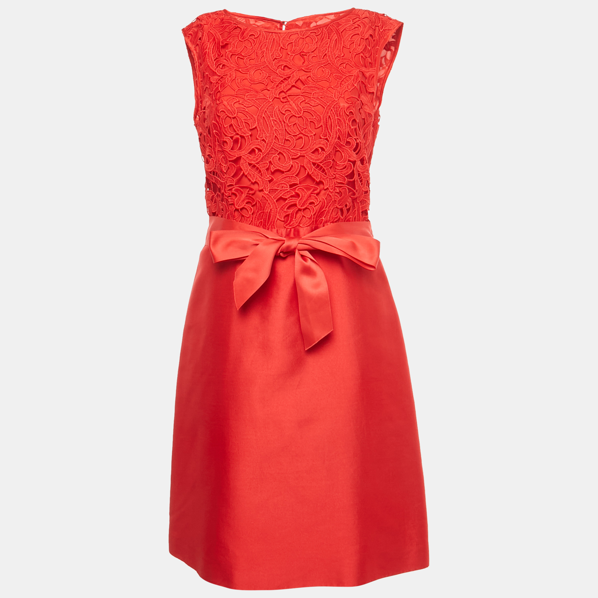Pre-owned Ch Carolina Herrera Red Floral Lace & Crepe Sleeveless Short Dress M