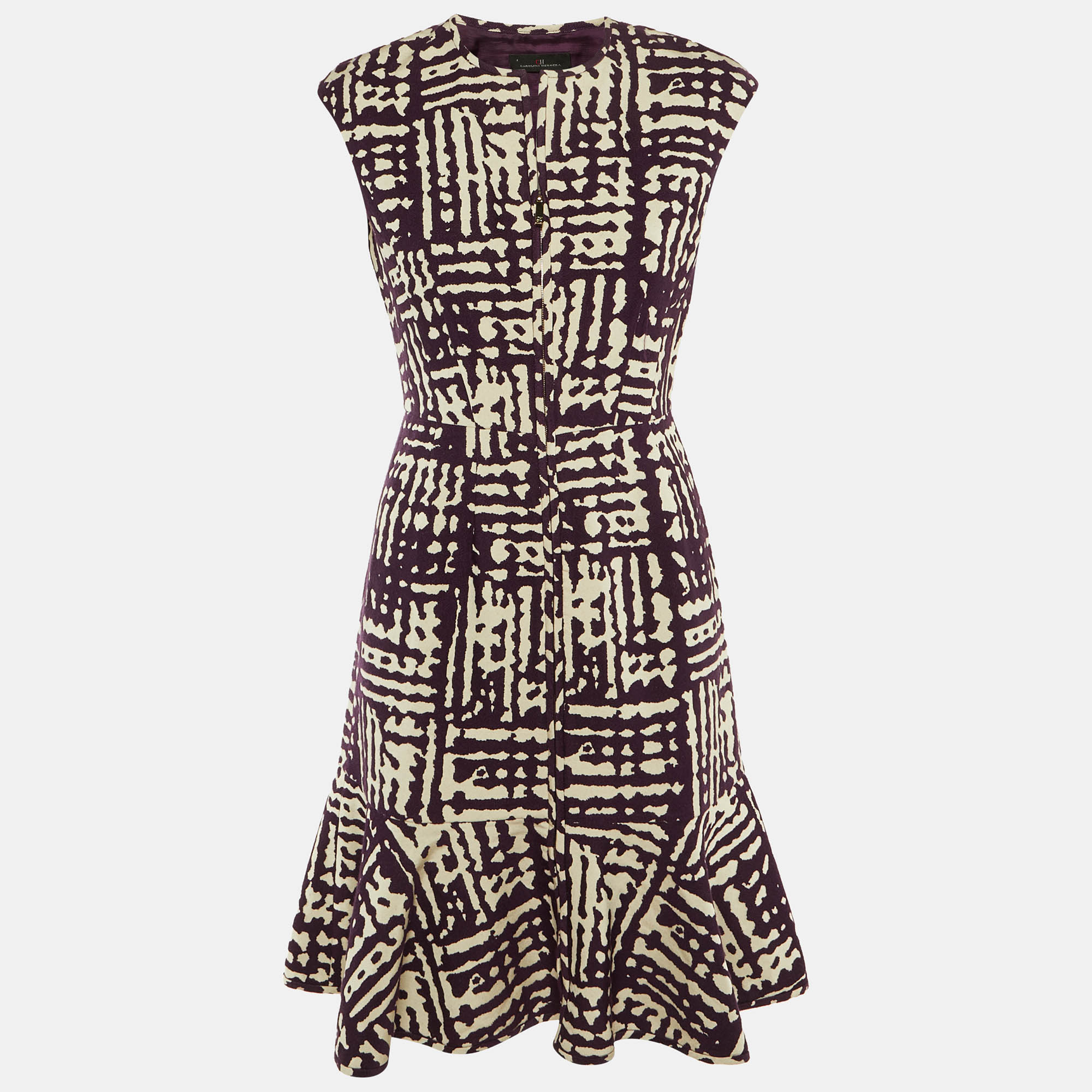 Pre-owned Ch Carolina Herrera Purple /white Patterned Knit Flounced Hem Short Dress S