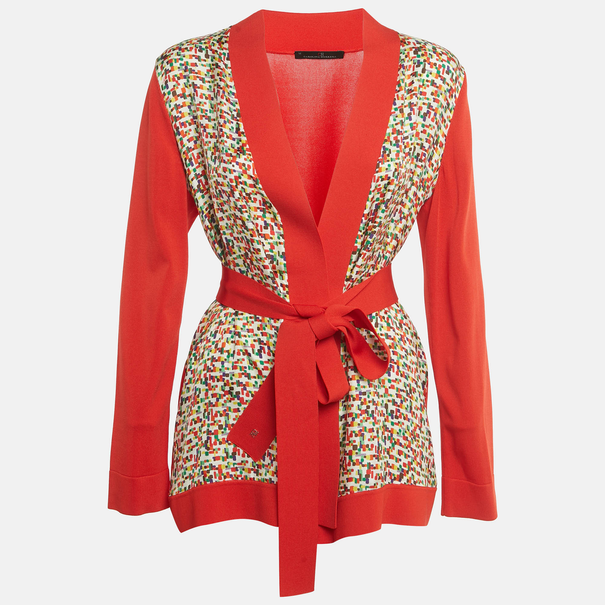 Pre-owned Ch Carolina Herrera Printed Silk And Knit Belted Cardigan M In Red
