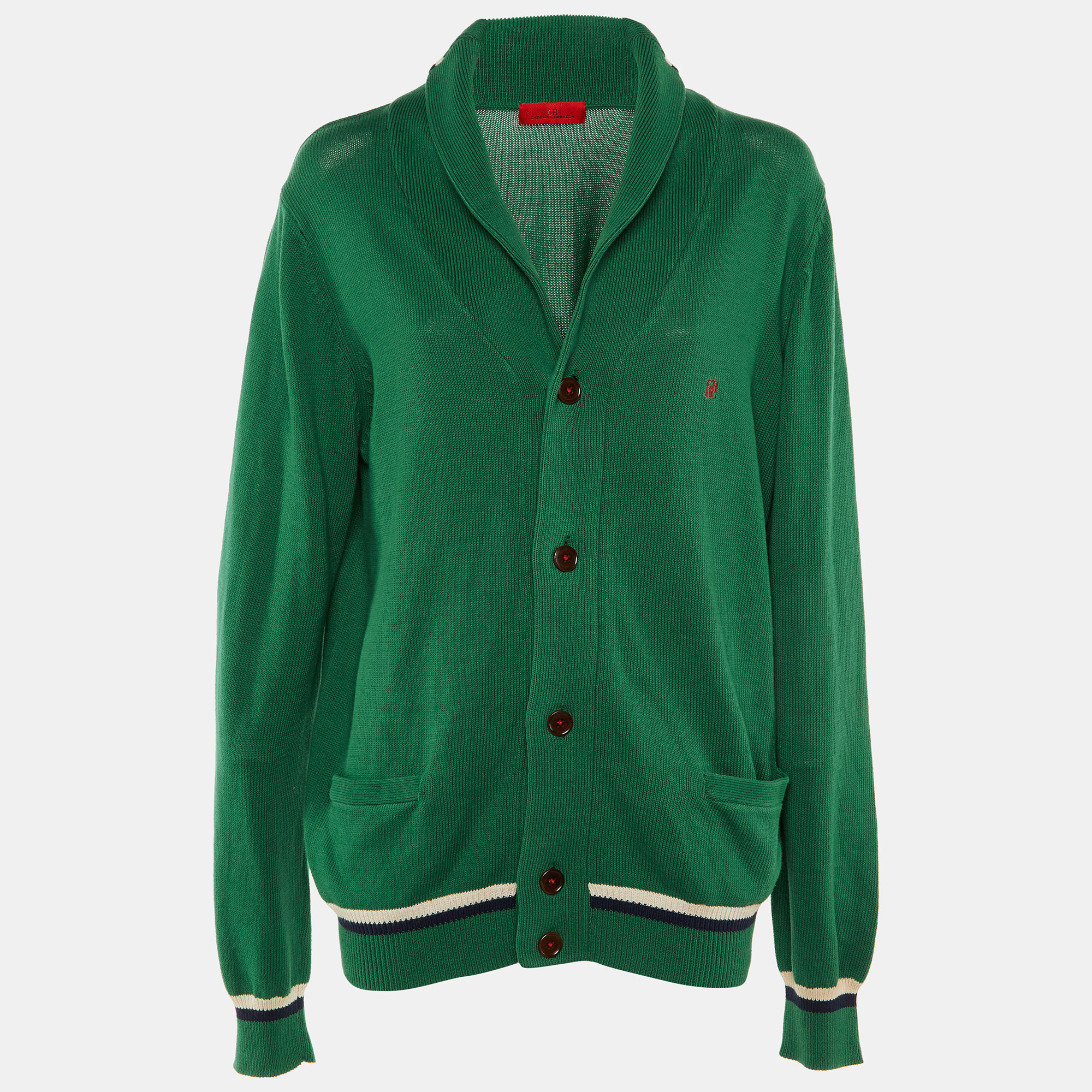 Pre-owned Ch Carolina Herrera Green Logo Cotton Knit Button Front Cardigan L