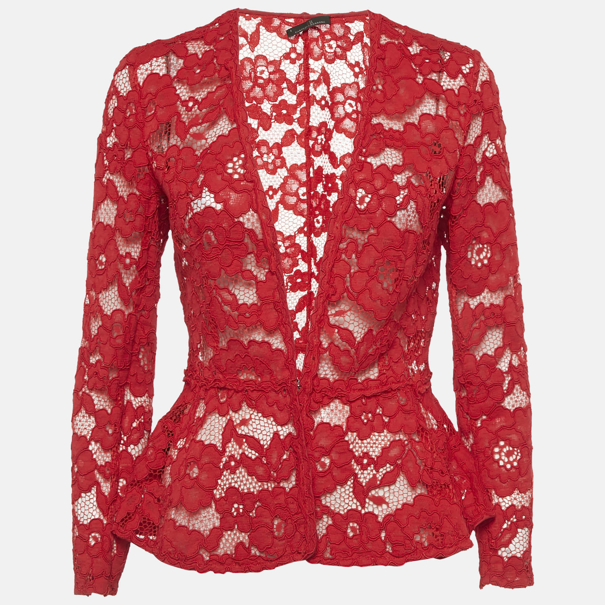 Pre-owned Ch Carolina Herrera Red Lace Sheer Jacket M