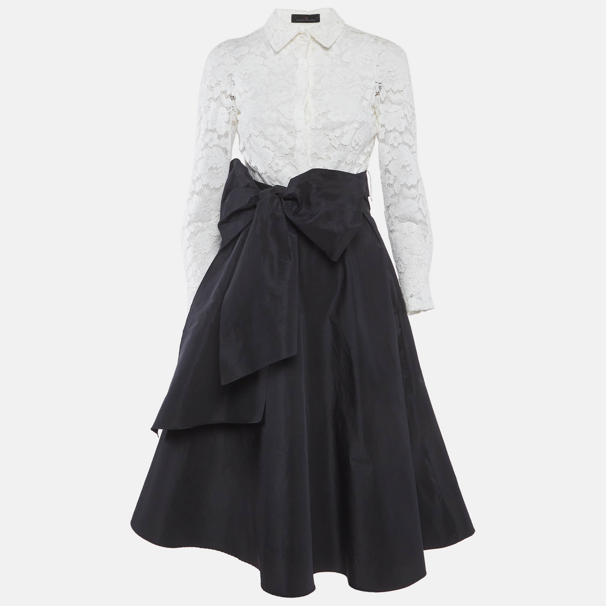 

CH Carolina Herrera Black/White Lace and Crepe Belted Midi Dress S