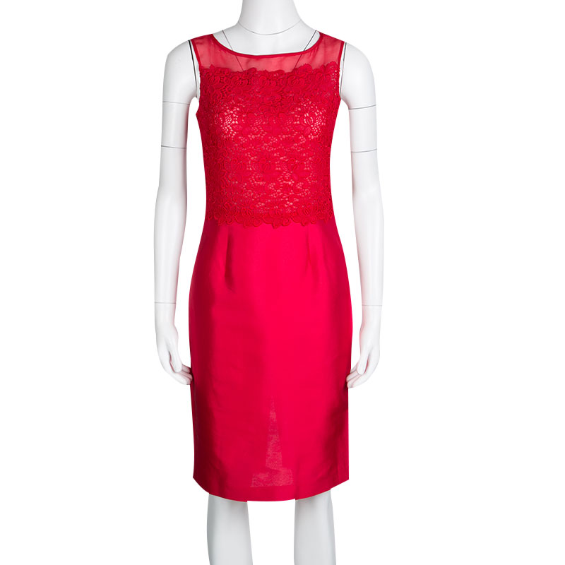 Pre-owned Ch Carolina Herrera Red Lace And Organza Sleeveless Sheath Dress S