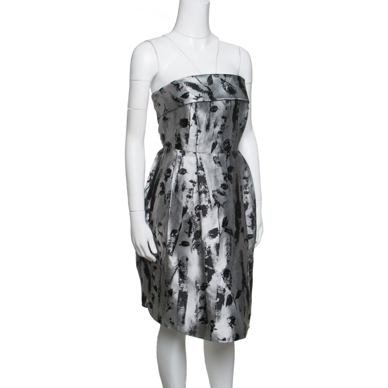 Pre-owned Ch Carolina Herrera Silver And Black Floral Jacquard Strapless Dress S