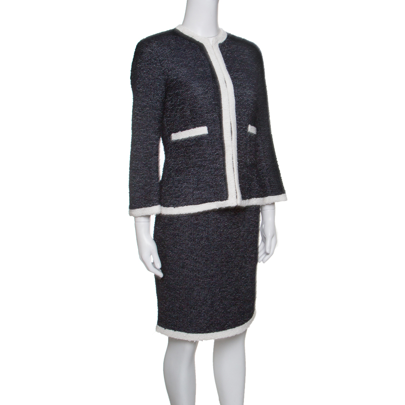 

CH Carolina Herrera Navy Blue Textured Contrast Trim Detail Skirt Suit