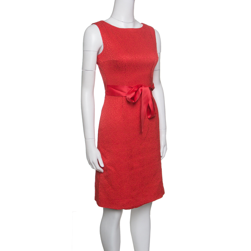 

CH Carolina Herrera Red Embossed Jacquard Belted Sleeveless Dress