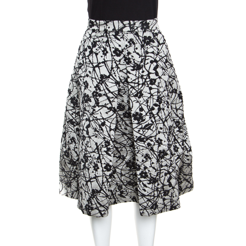 CH Carolina Herrera Monochrome Floral Patterned Brocade Flared Skirt M