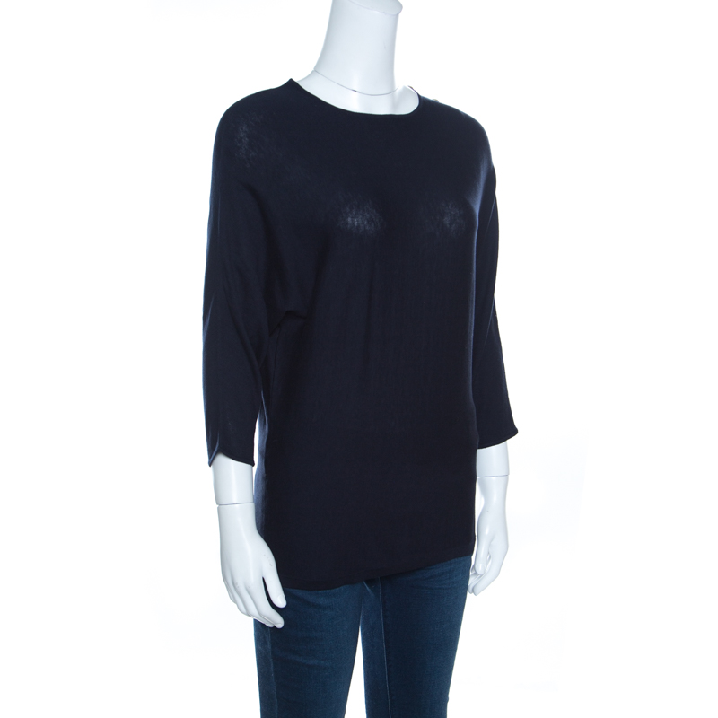 Pre-owned Ch Carolina Herrera Navy Blue Knit Gold Button Detail Dolman Sleeve Top Xs