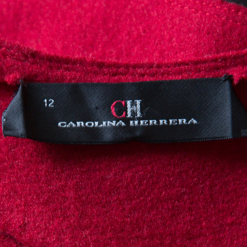 Pre-owned Ch Carolina Herrera Red Wool Half Peplum V-neck Dress L