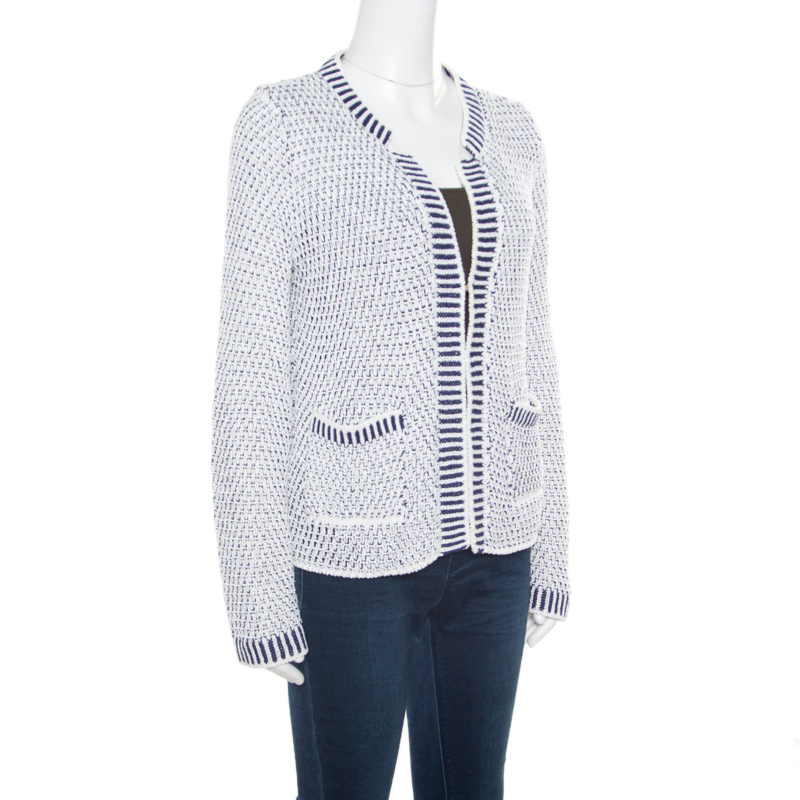 

CH Carolina Herrera White and Navy Blue Textured Jacket