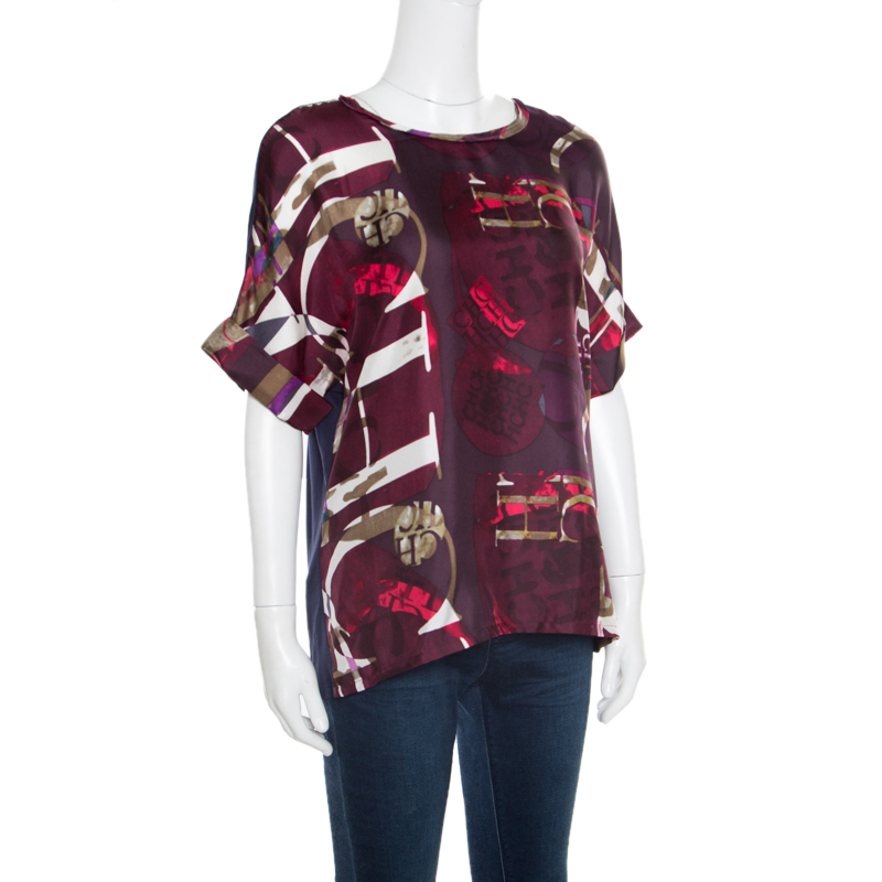 

CH Carolina Herrera Multicolor Printed Front Silk Paneled Jersey Top