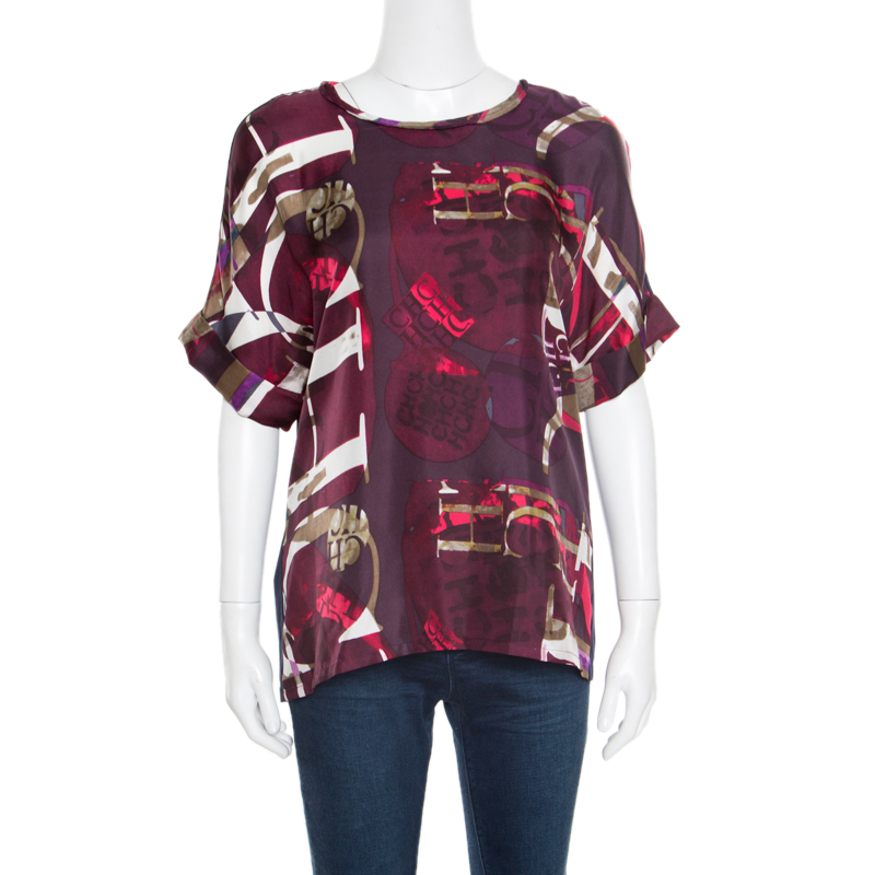 CH Carolina Herrera Multicolor Printed Front Silk Paneled Jersey Top S