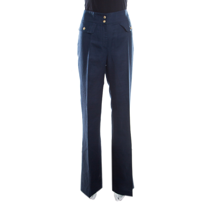 CH Carolina Herrera  Navy Blue Linen and Cotton Flared High Waist Trousers M