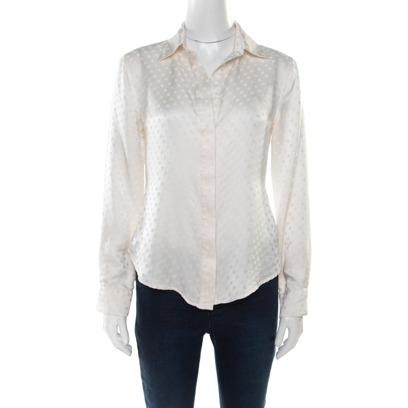 Pre Owned CH Carolina Herrera Off White Dotted Silk Long Sleeve Shirt M