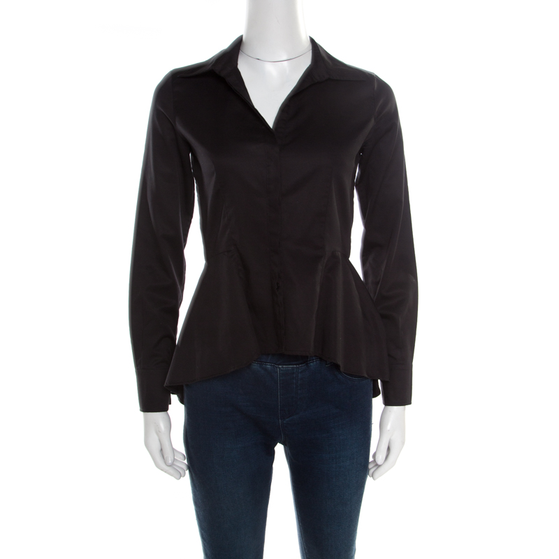 Pre Owned CH Carolina Herrera Black Cotton Peplum High Low Blouse XS