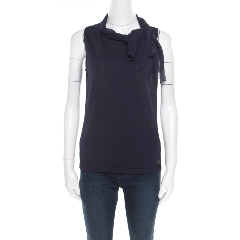 Pre Owned توب سي إتش كارولينا هيريرا تريكو أزرق كحلي ديرابيه بلا أكمام M