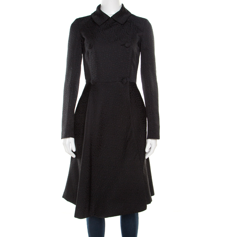 Pre Owned CH Carolina Herrera Black Floral Embossed Jacquard Double Breasted Overcoat S