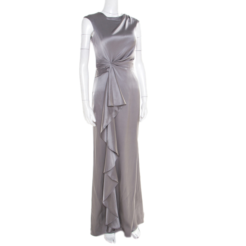 

CH Carolina Herrera Grey Silk Satin Sleeveless Ruched Maxi Dress