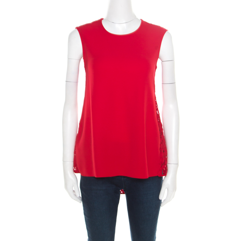 Pre Owned CH Carolina Herrera Red Lace Back Detail Sleeveless High Low Top XS
