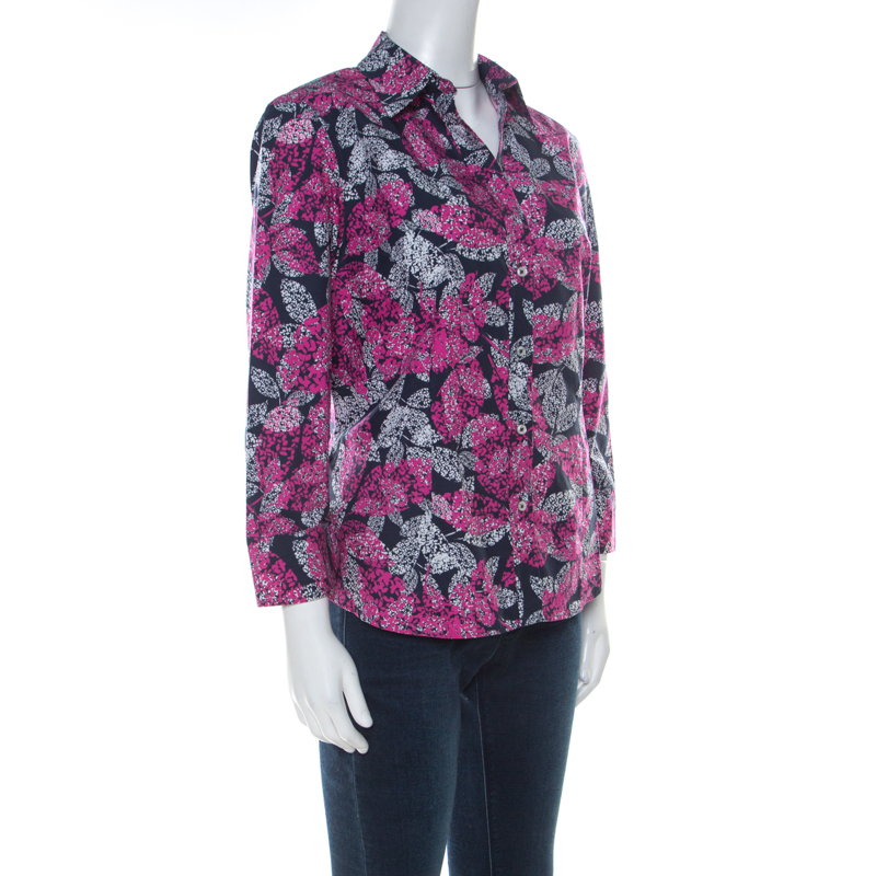 

Carolina Herrera Navy Blue and Pink Cotton Leaf Print Shirt