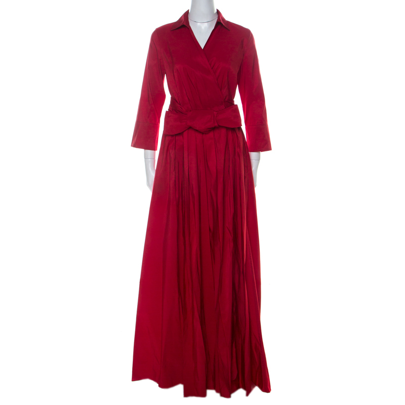 CH Carolina Herrera Red Cache-Coeur Taffeta Shirt-Dress Evening Gown M