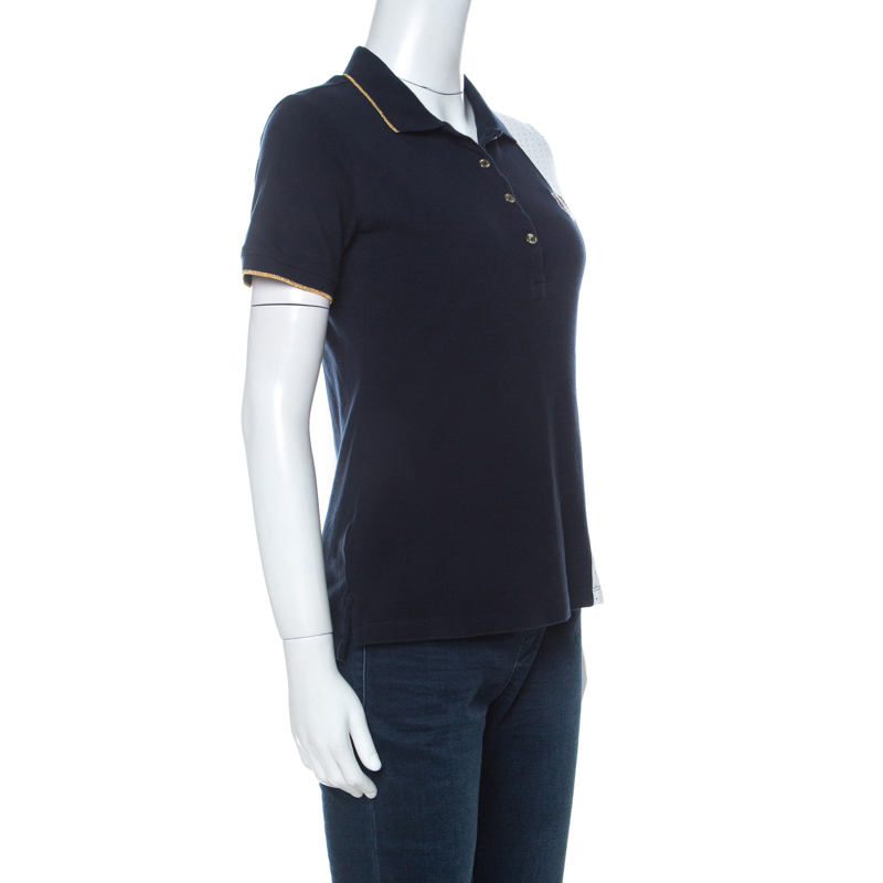 

Carolina Herrera Navy Blue and White Polka Dot Colorblock Knit Polo T Shirt