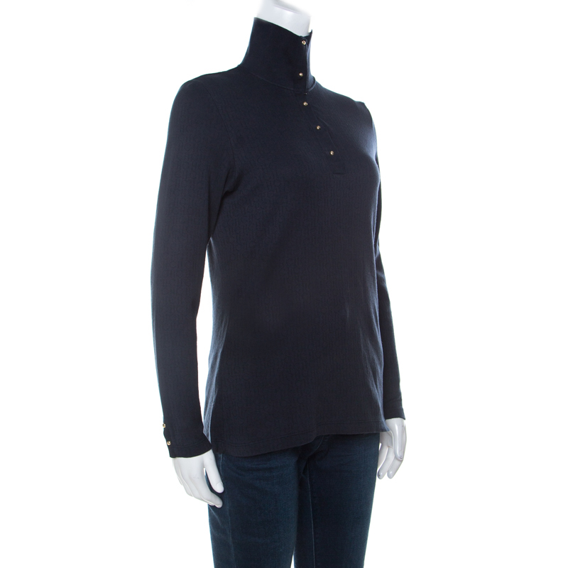 

CH Carolina Herrera Navy Blue Monogram Patterned Knit Collared Top