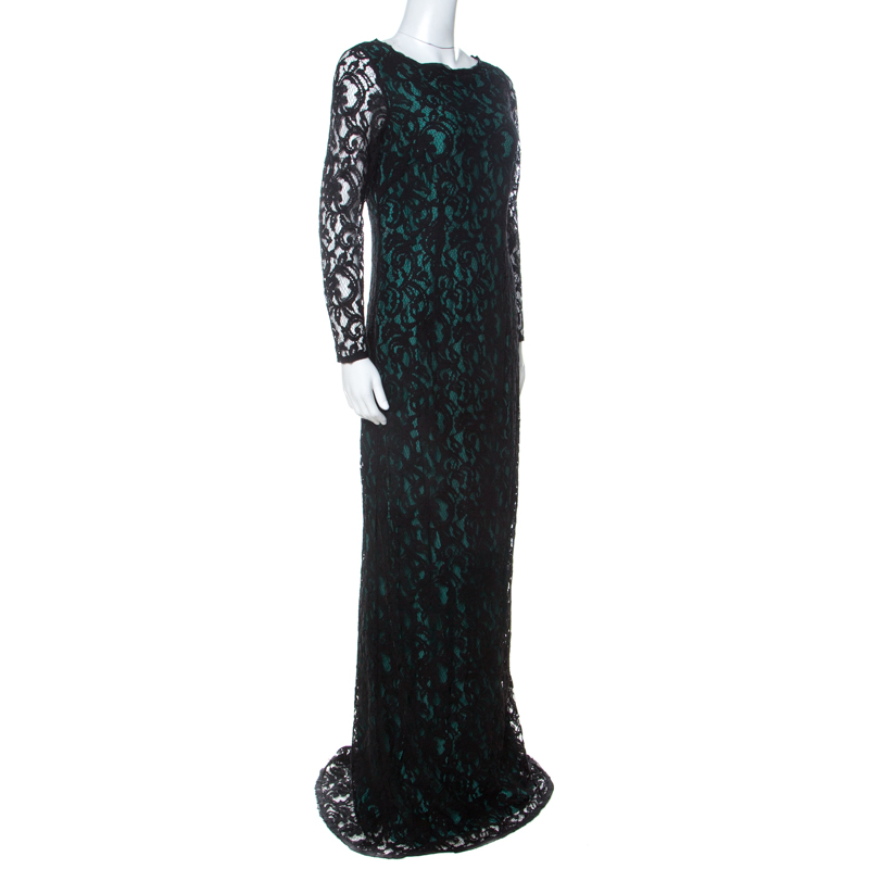 

CH Carolina Herrera Green and Black Lace Long Sleeve Gown