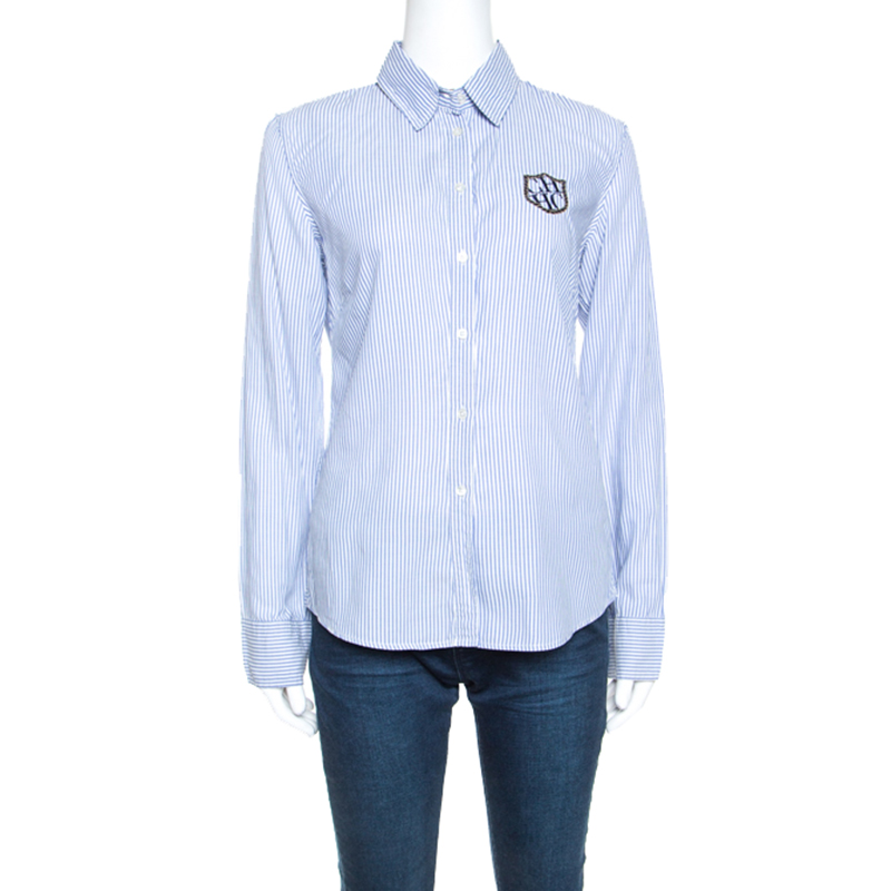 Pre Owned قميص كارولينا هيريرا أكسفورد أزرار أمامية مطرز من الأمام قطن مخطط أز رق M