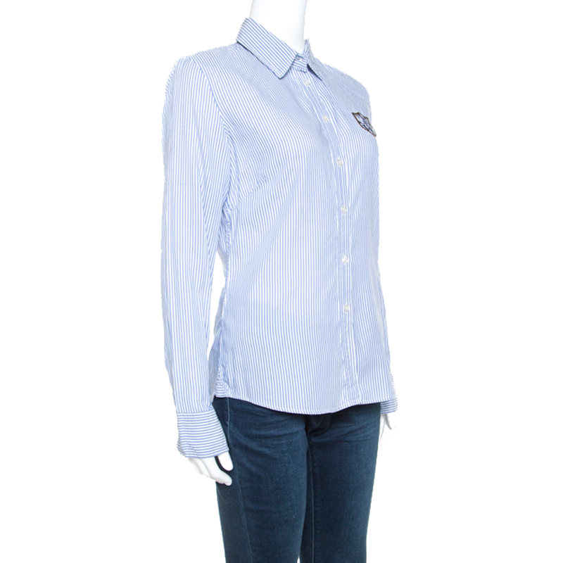 

Carolina Herrera Blue Striped Cotton Crest Embroidered Button Front Oxford Shirt