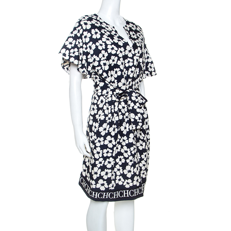 Pre-owned Ch Carolina Herrera Navy Blue Floral Print Silk And Linen Blend Dress M