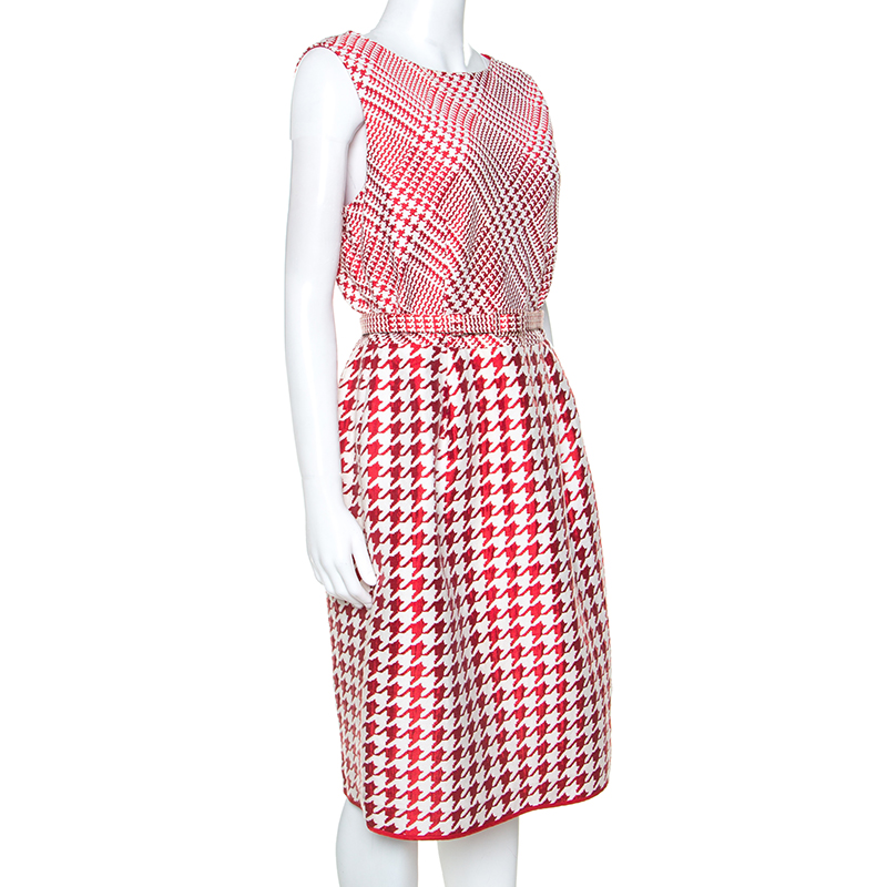 

CH Carolina Herrera Red & White Houndstooth Dress Woven Belted Dress