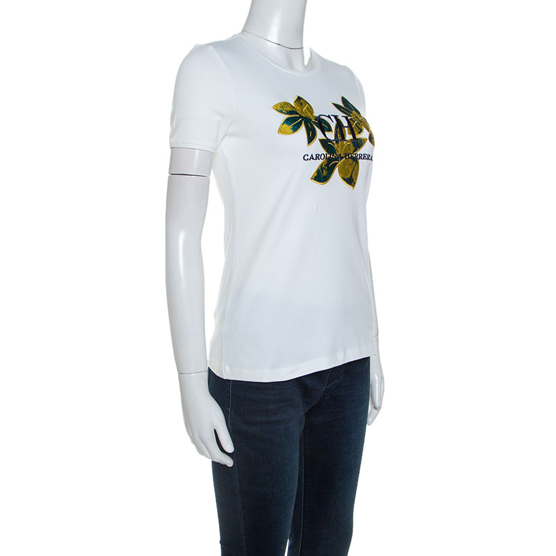 

CH Carolina Herrera White Stretch Cotton Brocade Applique Detail Top