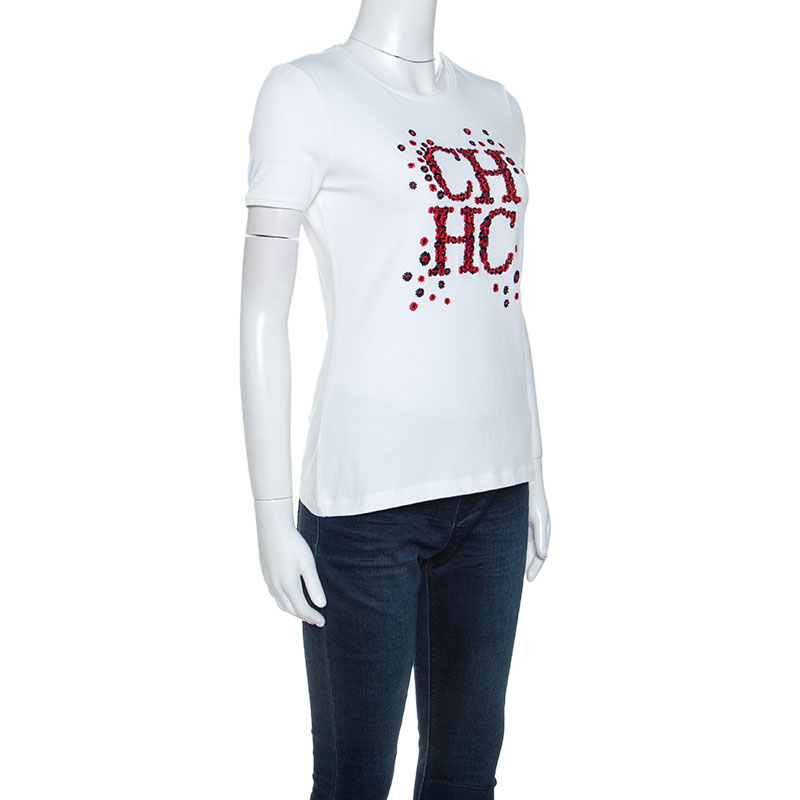 

CH Carolina Herrera White Floral Logo Embroidered Stretch Cotton Top