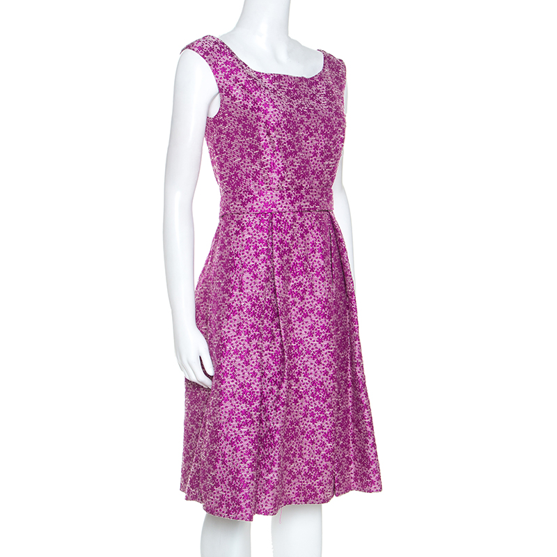 

CH Carolina Herrera Pink Floral Lurex Jacquard Flared Dress